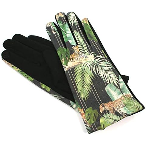 Bright, unique ladies fashion gloves available in floral, tropical or butterfly print. They are lined to be cosy and warm and have a heart finger pad for touch screen capabiltiy (Tropical Leopard) Cover