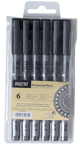 Image of BRUSTRO Technical Fineliner Pen I Black I Set of 6 - Tip Sizes - 0.05mm, 0.1mm, 0.2mm, 0.3mm, 0.5mm, 0.8mm | Ideal for Mandala, Drawing,Artist Illustration,Sketching