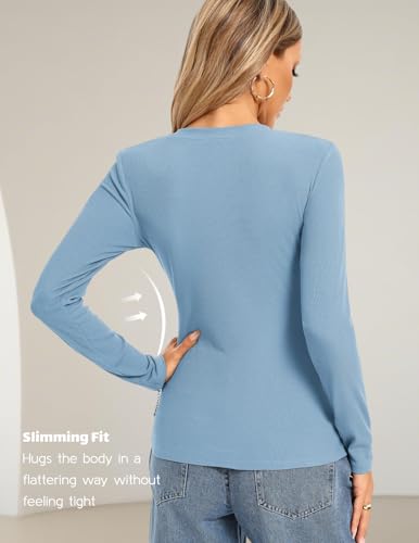 Image of Kate Kasin Fall Women Fitted Long Sleeve Shirt, Ribbed Knit Crewneck Top