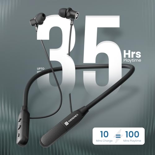 Image of Portronics Harmonics Z13 in Ear Bluetooth Neckband with Upto 35 Hours Playtime, HD Mic, Dual Pairing, Gaming Mode, Low Latency, Bluetooth Version 6.0V, Type C Fast Charging(Black)