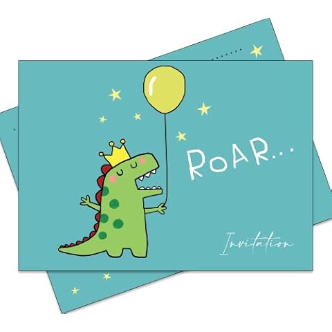 20 Eco Friendly Birthday Invitations for Children - Dinosaur with Balloon Invites Cover
