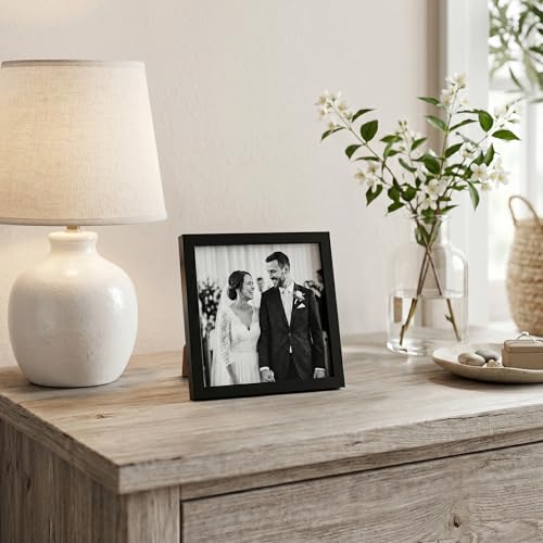 Image of Americanflat 5x5 Picture Frame with Shatter-Resistant Glass - Streamline Collection - Thin Border Square Frame for Tabletop and Wall Display - Hanging Hardware and Easel Stand Included - Black