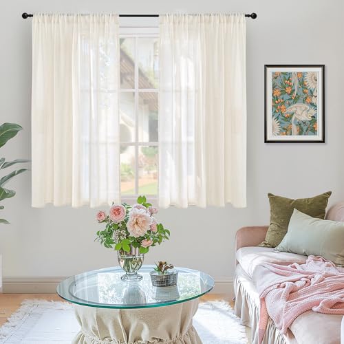 Image of BGment Ivory Linen Curtains 45 Inches Long for Short Bedroom - Semi Sheer Light Filtering Window Drapes with Rod Pocket Textured Lightweight for Dining Living Room, 2 Panels Set, Each 42 Inch Wide