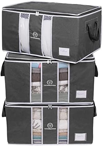 H M Home Maximize Clothes Storage Bag Organizer for, Blankets, Clothing, Comforters and Bedding Sets - Stackable with Zippers - Clear Window - 3 Pack Grey