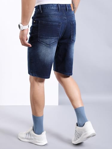 Image of The Indian Garage Co Men Regular Fit Solid Mid-Rise Denim Shorts