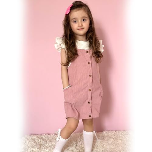 HINTINA 2-7 Years Toddler Girl Butterfly Sleeve Tee Corduroy Button Down Overall Dress Set2