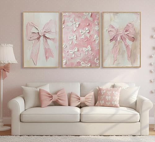 Image of 3Pcs Trendy Pink Bow Canvas Wall Art Vintage Cute Preppy Watercolor Bow Painting Pictures Wall Decor Posters Prints Girly Aesthetic for College Apartment Bedroom Decoration Unframed