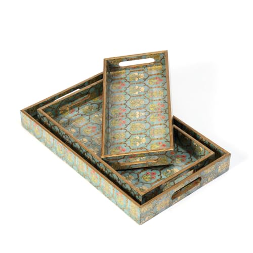 Image of Set of 3 Waterproof Wooden Trays - Traditional Jharoka and Flower Motif Design, Multipurpose Lacquer Coated MDF Serving Trays (16x10, 14x8, 12x6 Inches)(Set3NonWP- FloralJharoka)