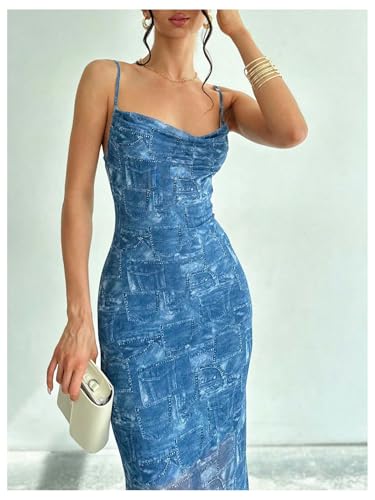 Image of GORGLITTER Women's Floral Wedding Guest Derby Midi Dress Cocktail Summer Boho Beach Going Out Fishtail Sun Dresses Blue X-Small
