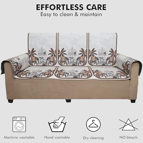 Image of Velvet Single Seater Sofa Cover with 2 Seat and Back Covers - Elephant Dome Design - Washable Fabric - Stylish Sofa Cover for Modern Living Room (Beige, 1 Seater Without Arm Covers)
