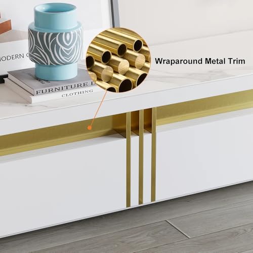 Image of Luxury Joyce Modern TV Unit /Console - 70 inch Naino Compsit Marble Top, 3 Drawer Storage - White & Gold Finish - Scratch Resistant, Waterproof Plywood - Living Room Media Cabinet (Black)