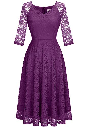 Image of Dressystar Womens Long-Sleeve Wedding Guest Dress A-Line Lace Formal Party Cocktail Midi Dress Prom Gown