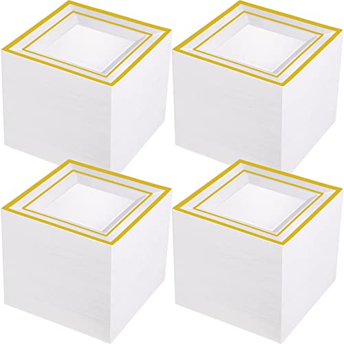 Gandeer 200 Pcs Square Plastic Plates, 6.5 Inch Disposable Salad Dessert Plates Hard Square Dinner Plates For Wedding Anniversary Bachelorette Baby Shower Birthday Party(White, Gold) #TOP9