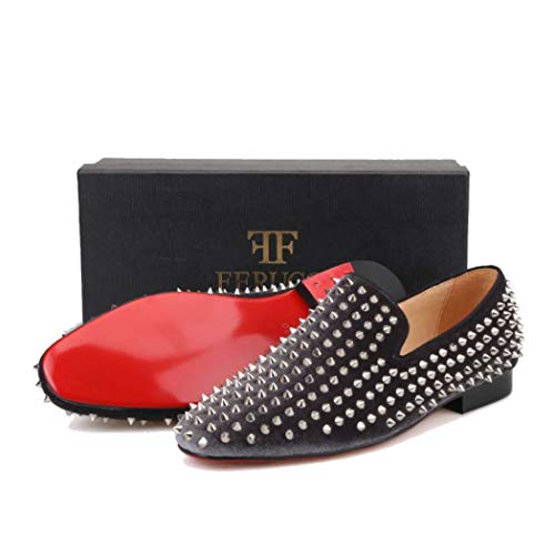 FERUCCI Men Grey Velvet Slippers Loafers Flat with Silver Spikes Rivets4