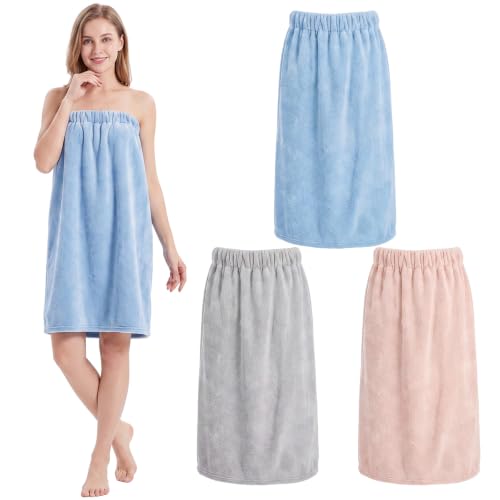 Image of Cuffbow 3 Pcs Towel Wrap for Women Spa Body Robe Full Length Female Bath Shower with Adjustable Closure Elastic Top Plush