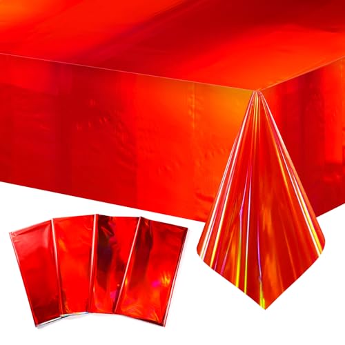 DecorWoo 4 Pack Red Iridescence Plastic Tablecloths Disposable Table Cover Laser Rectangle Table Covers for Girls Birthday Wedding Disco Holiday Mermaid Mothers Day Themed Party Decorations