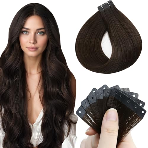Image of Full Shine Holed Tape in Extensions, Darkest Brown 12 Inch | 30g 20 PCS, Invisible Tape Ins Human Hair Extensions, Remy Human Hair, Flat Fit, Easy Care, Casual Styling, Soft Movement
