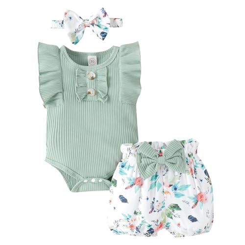 Image of LUNFEGO Newborn Baby Girl Clothes Outfits Ruffle Romper and Short Pant Sets with Headband Infant Bodysuits