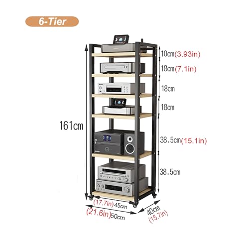5/6/7/8-Tier Audio Stand Wooden Corner Shelf Movable AV Media Player Stand Stereo Component Cabinet Multi-Function Open Storage Shelf, for Living, Gaming and Recording Rooms,Black ( Size : 6 tier )