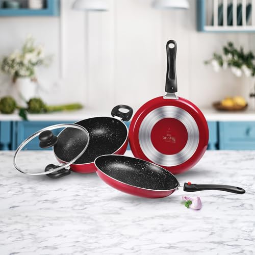 Image of Milton Pro Cook Kitchen Pride Set of 3 Non Stick Cookware | Non Induction I Cooking Pan, Kadhai with Lid, Tawa I Maroon