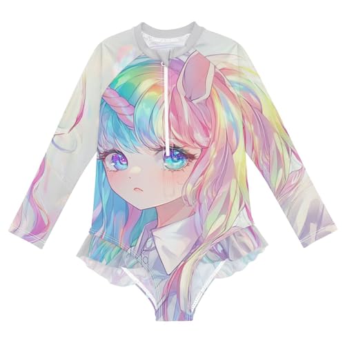 Image of CaTaKu Girls Rash Guard Swimsuit Long Sleeve One Piece Bathing Suit UPF 50+ Toddler Kids Zipper Ruffle Swimwear 3-12Y