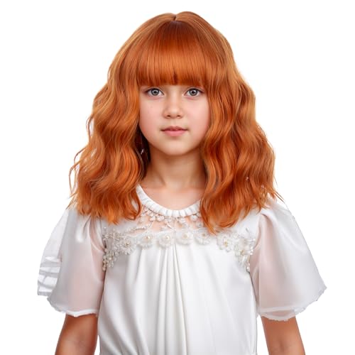 Image of Bright Orange Wig for Kids Girls Short Ginger Orange Wavy Curly Wig Children Wigs with Air Bangs Heat Resistant Synthetic Wigs with Cap