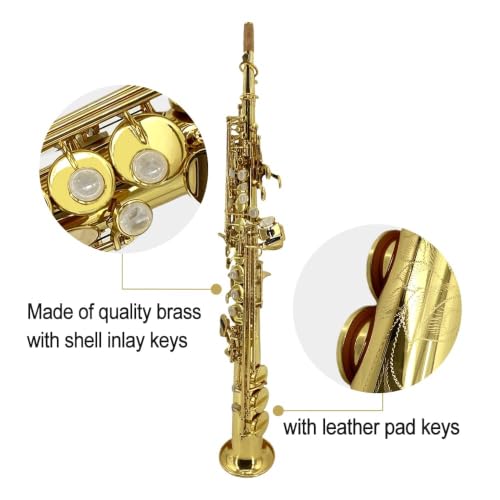 Image of Soprano Saxophone Straight Bb B Flat Brass Straight Soprano Saxophone with Case, Mouthpiece,Reeds & Accessories Brass Woodwind Instrument for Beginners,Adults & Advanced Players