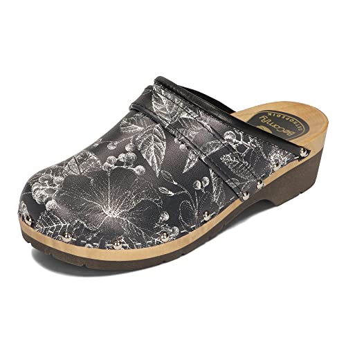 BeComfy Sabots en Cuir pour Femme Mules à Talons en Gomme/Bois Fleurs Noir Blanc 35-41 EU (Noir Feuilles, 35 EU)