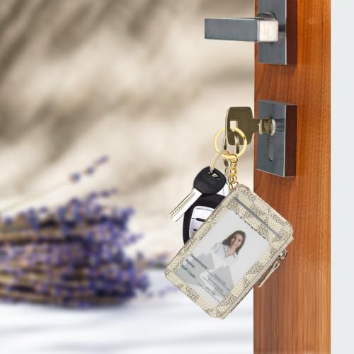 Image of M-Plateau RFID Blocking Slim Card Holder with Key Ring for Women | PU Leather Keychain Wallet with ID Window & Zipper Pocket, Credit Card Case for Daily Carry (Off White)