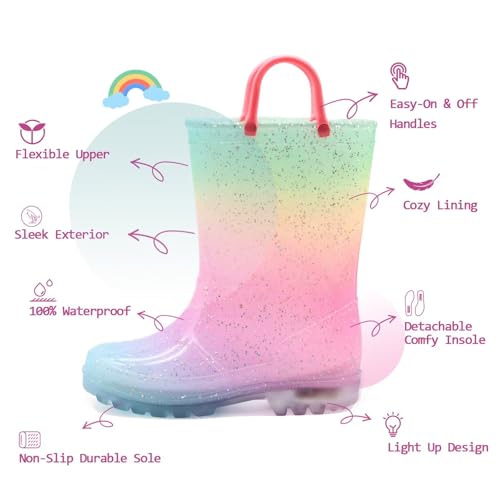 EUXTERPA Toddler Kids Waterproof Light Up Rain Boots Patterns and Glitter Boots with Handles for Boys Girls2