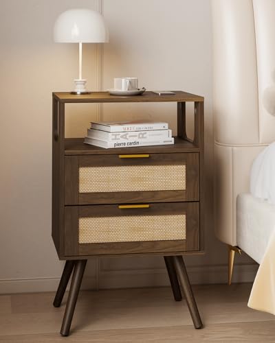 Image of JOONEE Rattan Nightstand,Farmhouse Bedside Table with 2 Storage Drawer and Open Wood Shelf, for Bedroom and Small Spaces,Night Stand with Solid Wood Legs (Walnut Brown)