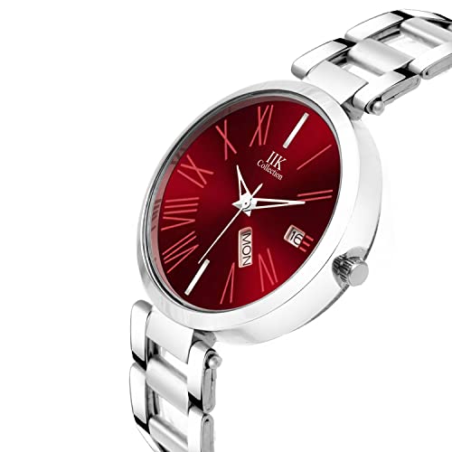 Image of IIK COLLECTION Watch for Women Round Studded Dial |Day and Date Quartz Movemnet |Long Battery Life|Stainless Steel Bracelet Chain Strap|Double Lock Clasp Safety Watches for Girls