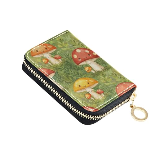 Burbuja Cartoon Mushrooms Credit Card Holder for Women Men RFID Blocking, Leather Accordion Zipper Card Case Wallet 11 Slots