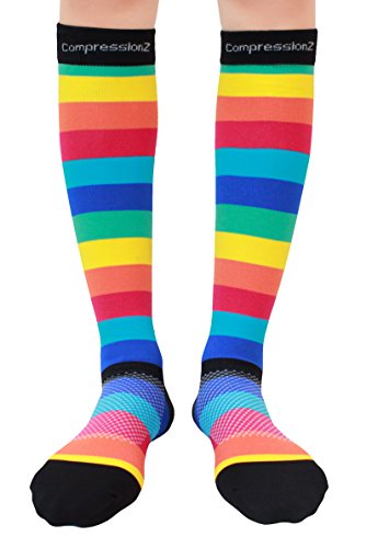 CompressionZ 20-30 mmHg Compression Socks Men & Women - Knee High Support Stockings (Rainbow Stripes, Large)