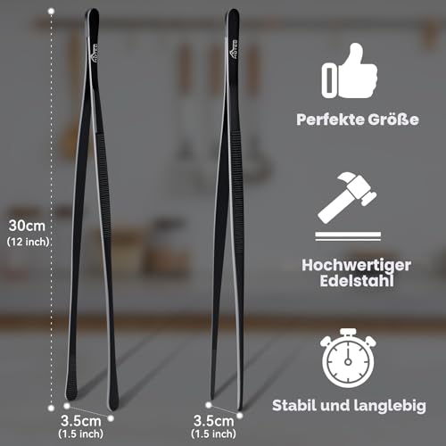Hotec Edelstahl-Kochpinzette, professionelle Küchenzange zum Kochen, Grillen und Backen, extra lange Lebensmittelpinzette, Set von 2 - 30,5 cm, Schwarz, NZ-B02 2