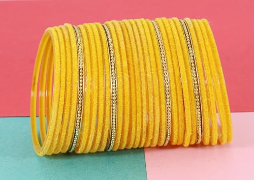 Image of NMII Glass Bangles For Women and Girls with Velvet and Golden Ballchain Linked | Plain Glass Bangles | Velvet Chudi Set | Bangles For Women | Stylish Glass Chudi Bangles- Set of 28