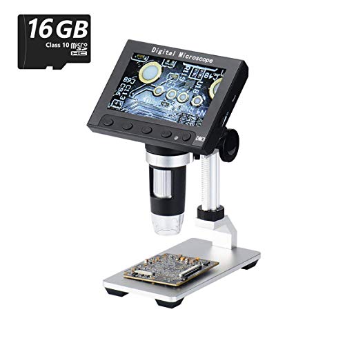 Jiusion 4.3inch Screen Full Color LCD Digital USB Microscope with 16G Micro SD Card, 10X - 500X Magnification Zoom Camera 1920X1080P Video Recording/Saving, PCB Coins Magnify for Windows, Mac