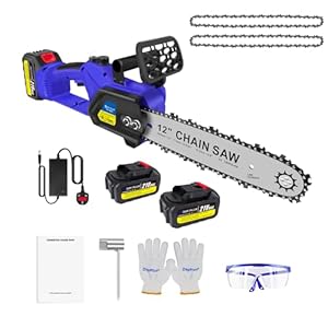 12" Brushless Electric Cordless Chainsaw Power Saw Wood Cutter 2 Battery&Charger, 2x4000MAH Rechargeable Battery, Auto-Tension and Anti-Vibration