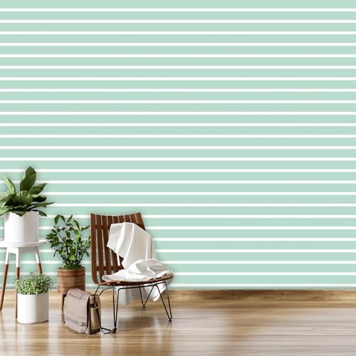 Image of DWELLSINDIA Pastel Green Horizontal Striped Wallpaper for Wall Decor | Self Adhesive Peel & Stick, Thick Textured Premium Paper | Scratch Resistant Laminated | Bedroom & Living Room | 41x244 cm