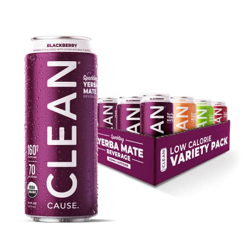 CLEAN Cause Low Calorie Variety Pack USDA Organic Sparkling Yerba Mate Tea (16oz cans, 12-Pack Case) Low Sugar, 160mg Caffeine, Healthy Alternative to Soda & Energy Drinks.
