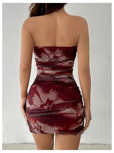Milumia Women's Floral Print Strapless Bodycon Mini Dress Mesh Ruched Tube Top Dresses2