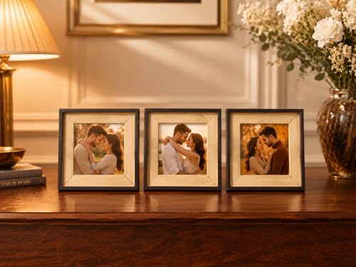 Image of Photo Frame Set of 3 - Modern Tabletop Picture Frames for Desk, Living Room & Bedroom Decor, Perfect for Wedding, Couple & Family Photos (3 x 3 inches) (Ook Wood Cofee)