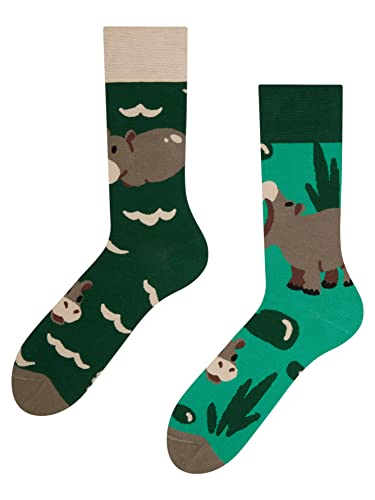 Dedoles Socken Unisex Damen Herren & Kinder Baumwolle viele lustige Designs 1 Paar Geschenk links rechts verschieden Farbe Türkis Motiv Schwimmendes Nilpferd Gr. 43-46
