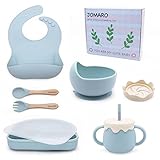 JOMARO Juego de vajilla para niños de silicona y madera antideslizante, regalo de color rosa, azul, sin BPA, apto para alimentos, irrompible, cuenco para aperitivos, tapa (Dusty blue)