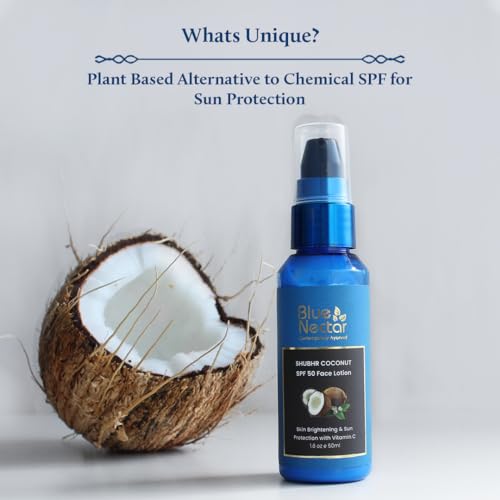 Blue Nectar Coconut Sunscreen SPF 50 Lotion | No White Cast, Plant Based Photostable Sunscreen with Vitamin C for Skin Brightening (18 Herbs, 50ml) - Image 3
