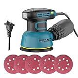Low Vibration 5000-12000RPM Electric Sander Tool with 5pcs Sandpaper, 300W Electric Palm Sander 6 Variable Speeds Woodworking Hand Sanders for Sanding and Polishing