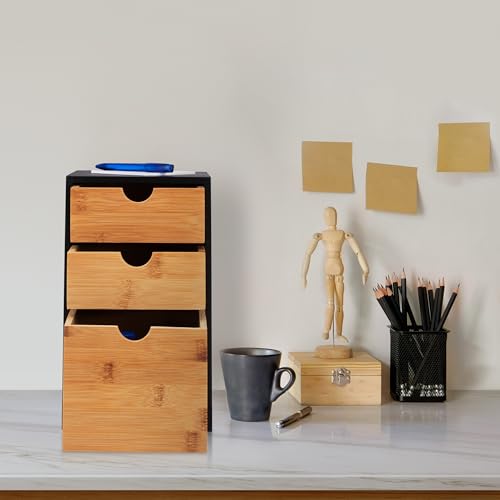 Relaxdays Schubladenbox, Bambus, 3 Schubladen, HxBxT: 28 x 17 x 21,5 cm, Schreibtisch Organizer, Büro, Natur/schwarz
