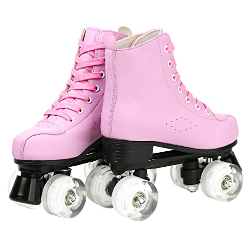 Women's Roller Skates Pu Leather High-Top Roller Skates Four-Wheel Roller Skates Double Row Shiny Roller Skates For Indoor Outdoor (Pink Flash,43-Us: 10) #TOP3