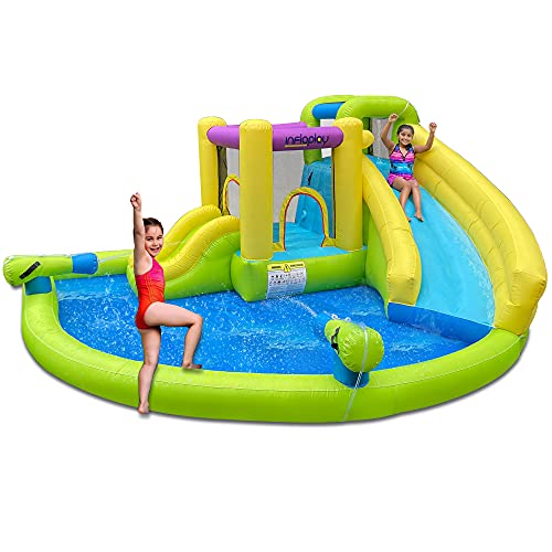 INFLAPLAY 5-in-1 Inflatable Water Slide Park with Blower - Water Bounce House with Jump Area, Splash Pool, Water Gun, Slide, Climbing Wall - Backyard Castle Playhouse for Little Kids