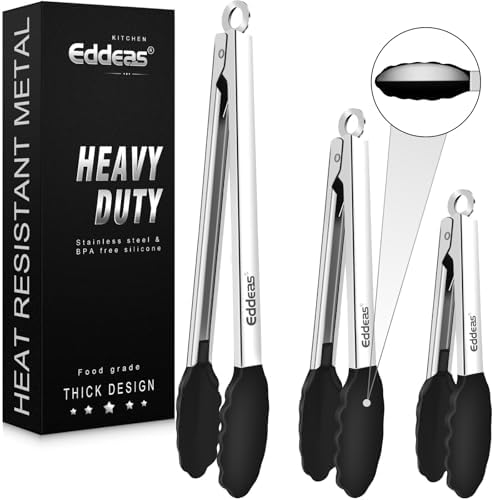 Kitchen Tongs with Silicone Tips, Heat Resistant 600 Degrees All Metal handle Locking Tongs For Cooking with Rubber Tips, Heavy Duty Stainless steel Food Tongs, Set of 3-7